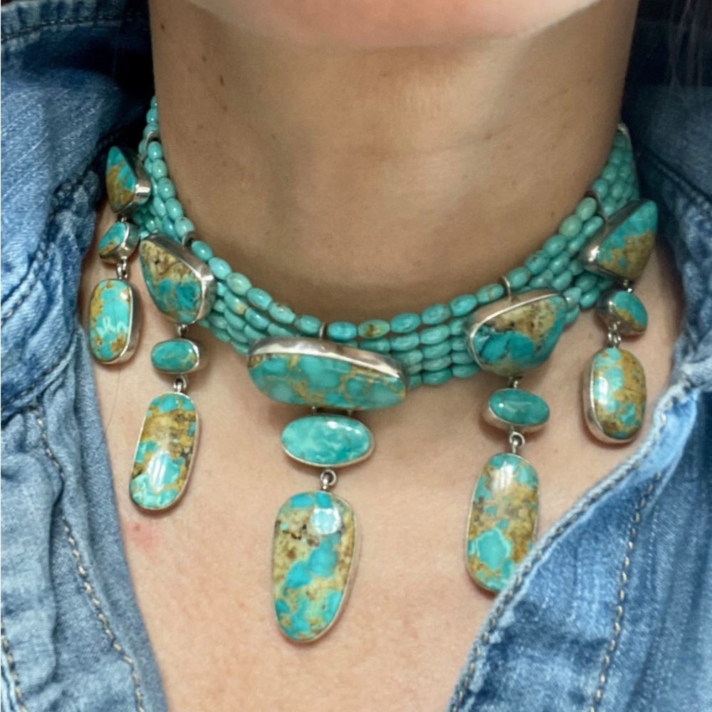 Sterling silver natural turquoise collar necklace